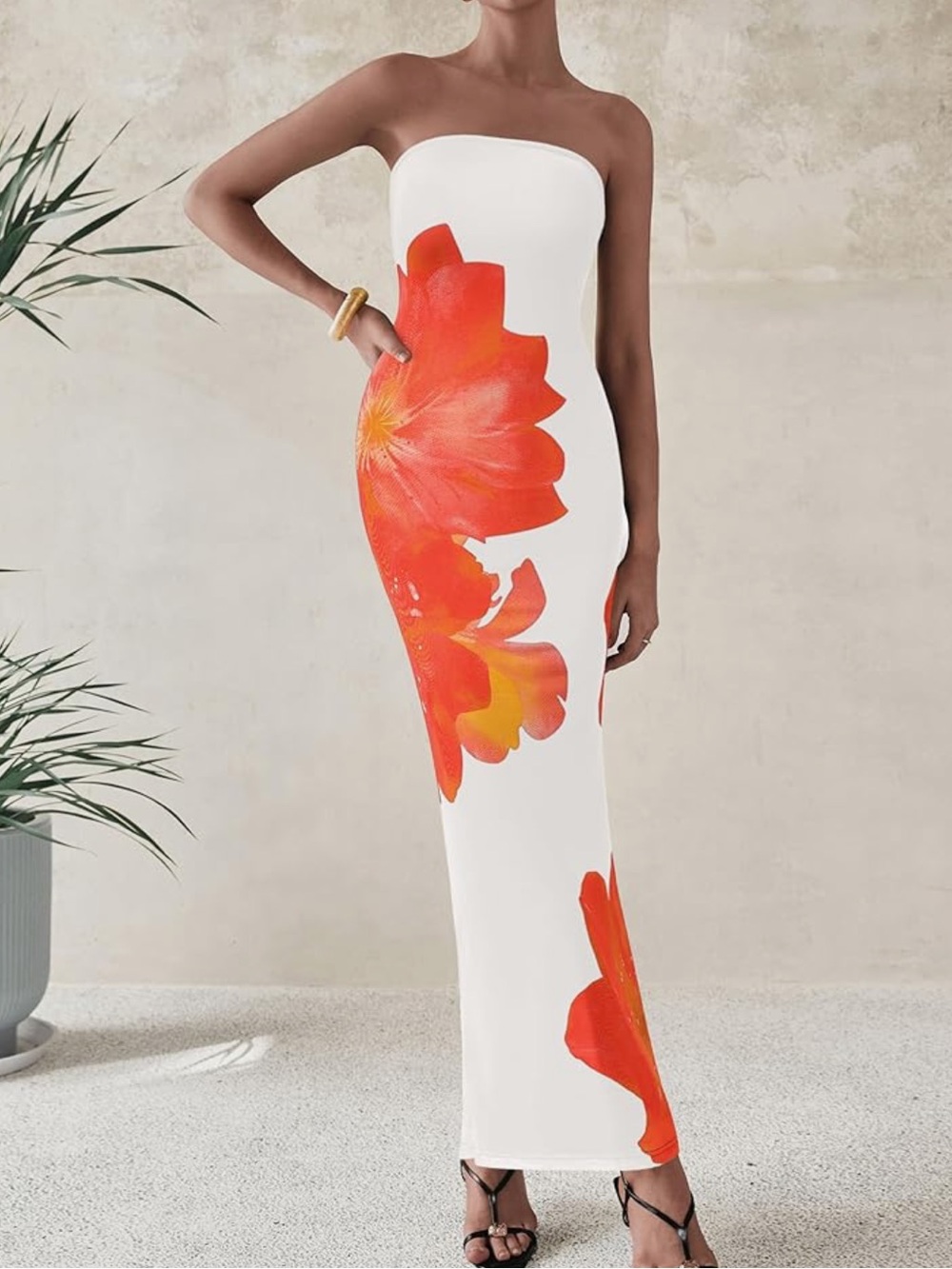 Chic Nation White Strapless Maxi Dress with Bold Orange Floral